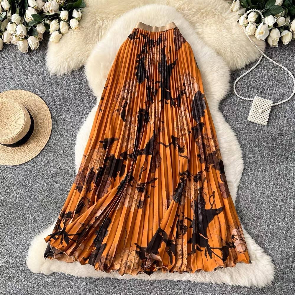 French-style vintage floral pleated maxi skirt