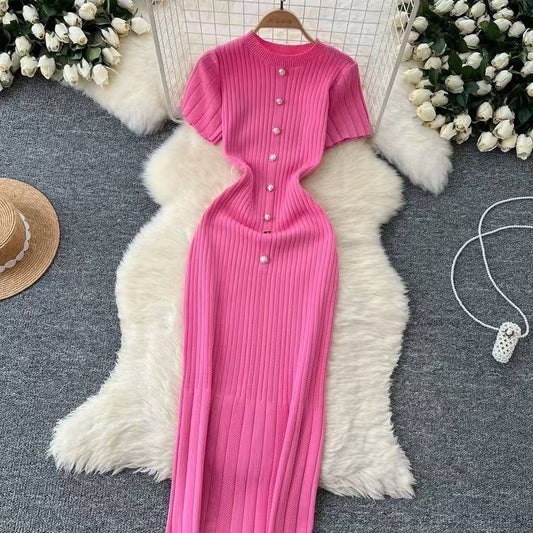 Pink ribbed knit button-up bodycon midi dress
