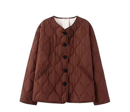 Solid Color Retro Round Neck Long Sleeve Loose Quilted Cotton Jacket