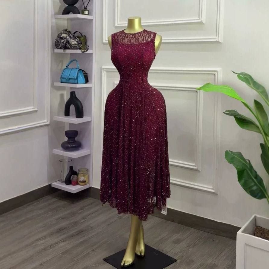 Burgundy 2-in-1 rhinestone and lace pleated midi dress