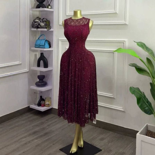 Burgundy 2-in-1 rhinestone and lace pleated midi dress