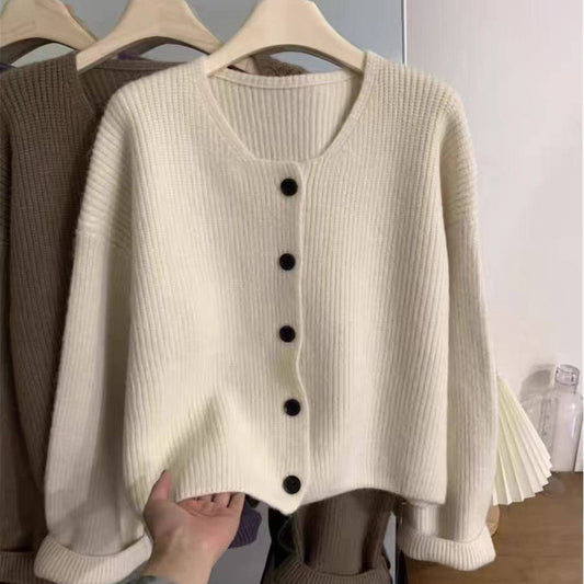 Korean style round neck ribbed knit cardigan