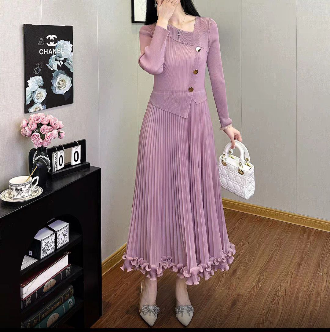 Ribbed Knit Pleated Dress with Asymmetrical Necklin