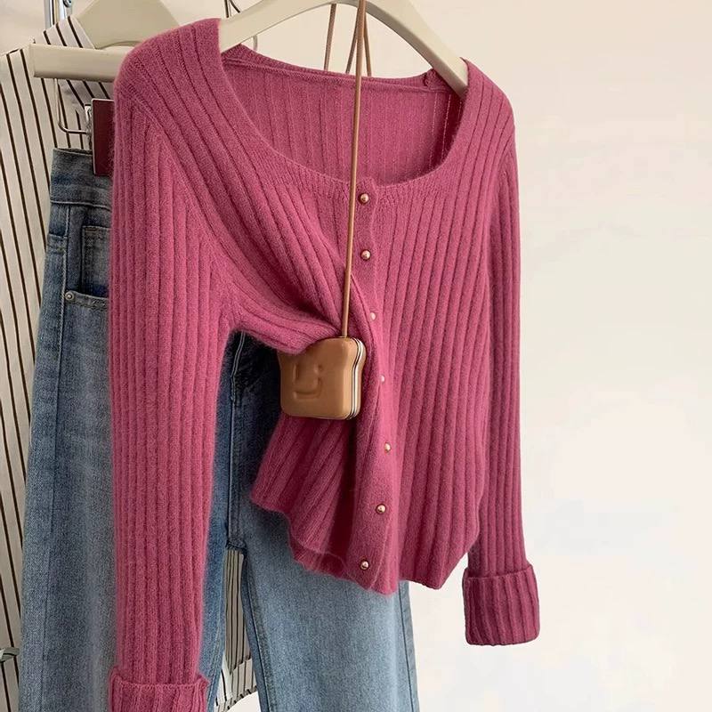 Rose pink ribbed knit cardigan