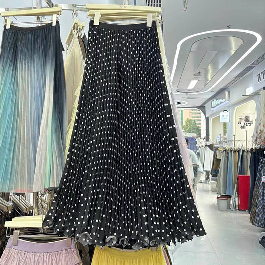 Black and white polka dot pleated maxi skirt