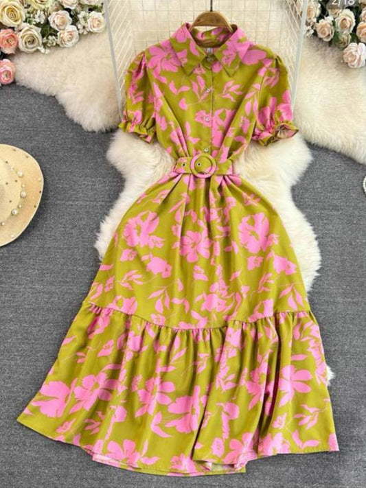 Floral Print Belted Collared Puff Sleeve Maxi Dress