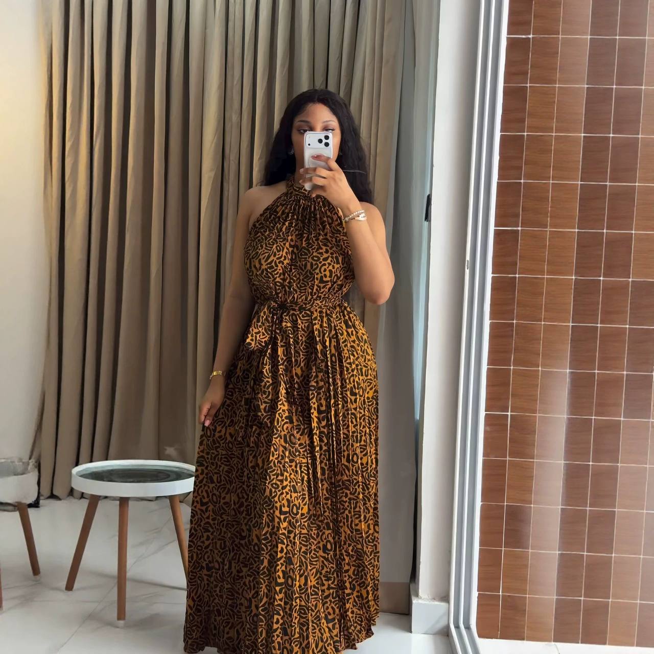 Leopard print halter neck maxi dress