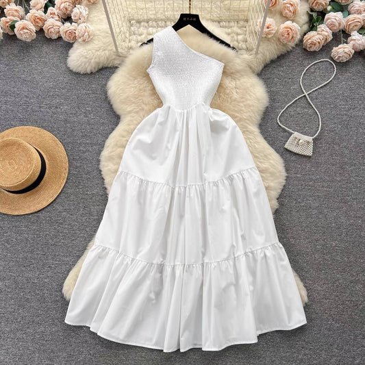 White one-shoulder smocked tiered maxi dress
