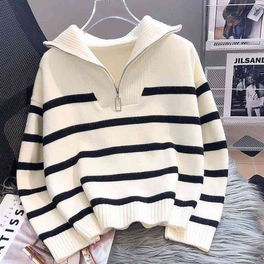 Women's striped half zip knitted sweater