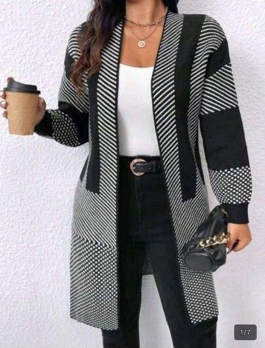 Plus size open front longline color-block striped knitted cardigan