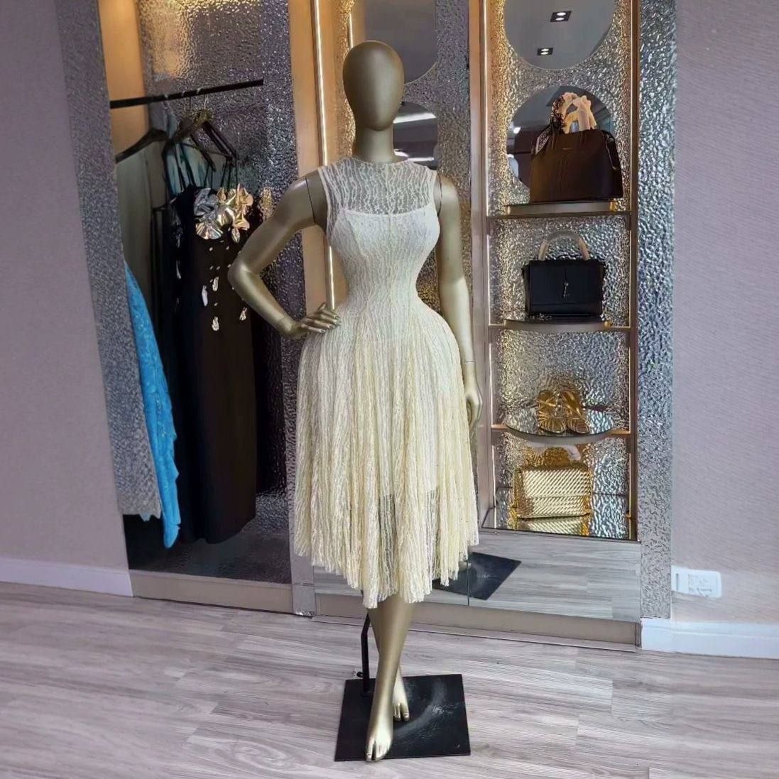 Cream rhinestone embellished fringe midi dress