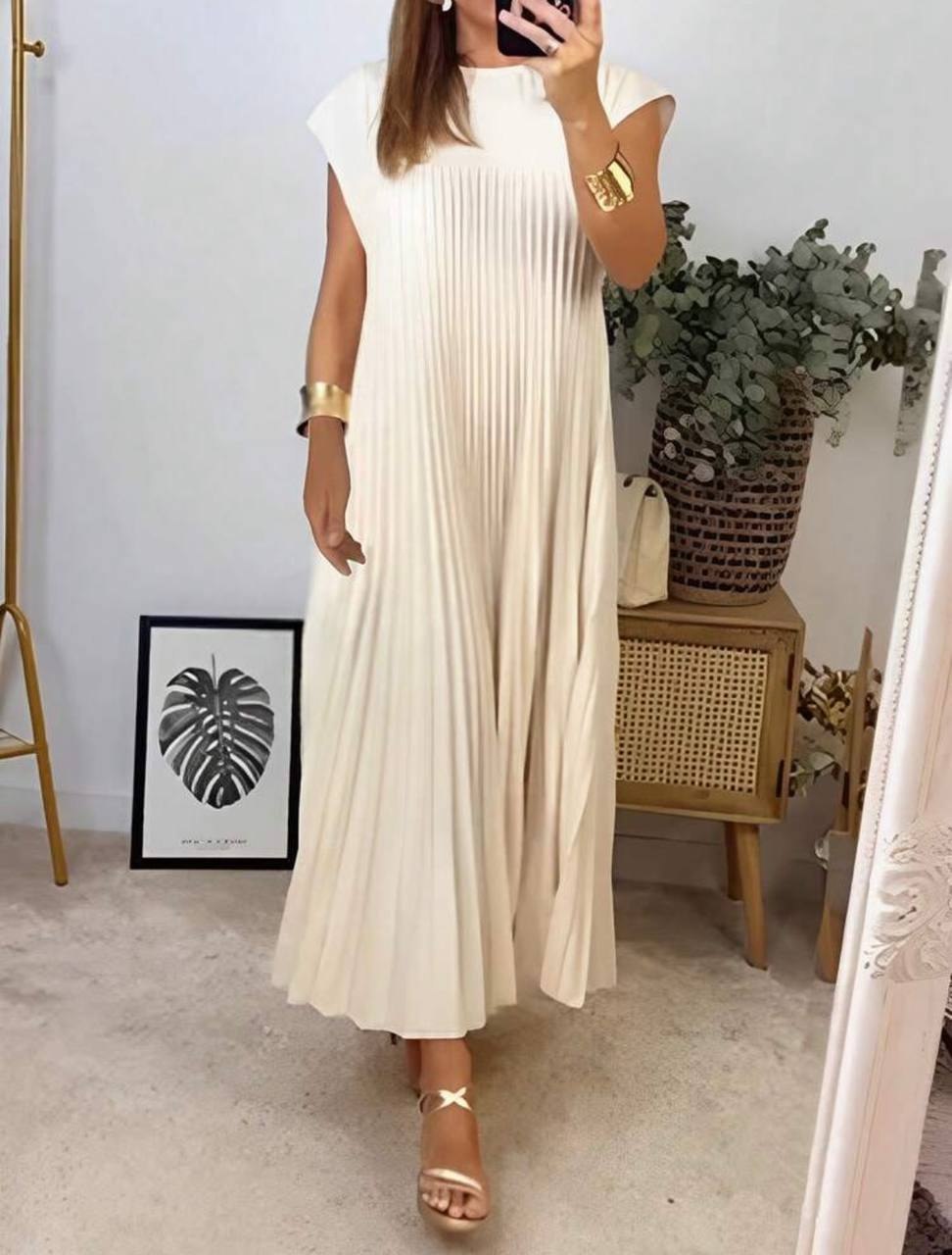 Cream plissé pleated maxi dress