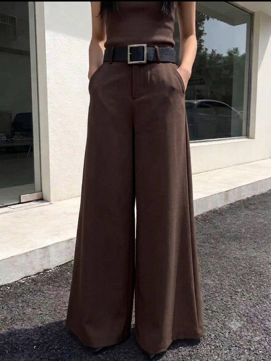 High-waisted, wide-leg tailored trousers in brown