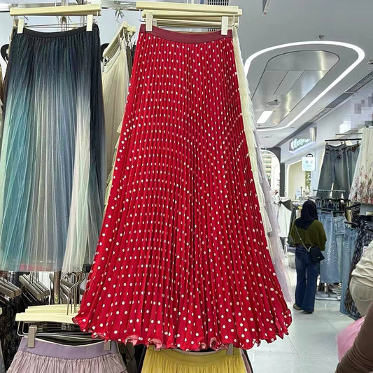 Red and white polka dot pleated maxi skirt