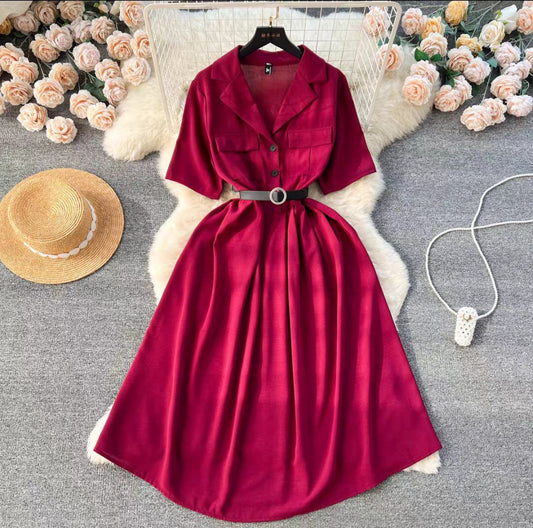 Red collared midi shirt dress