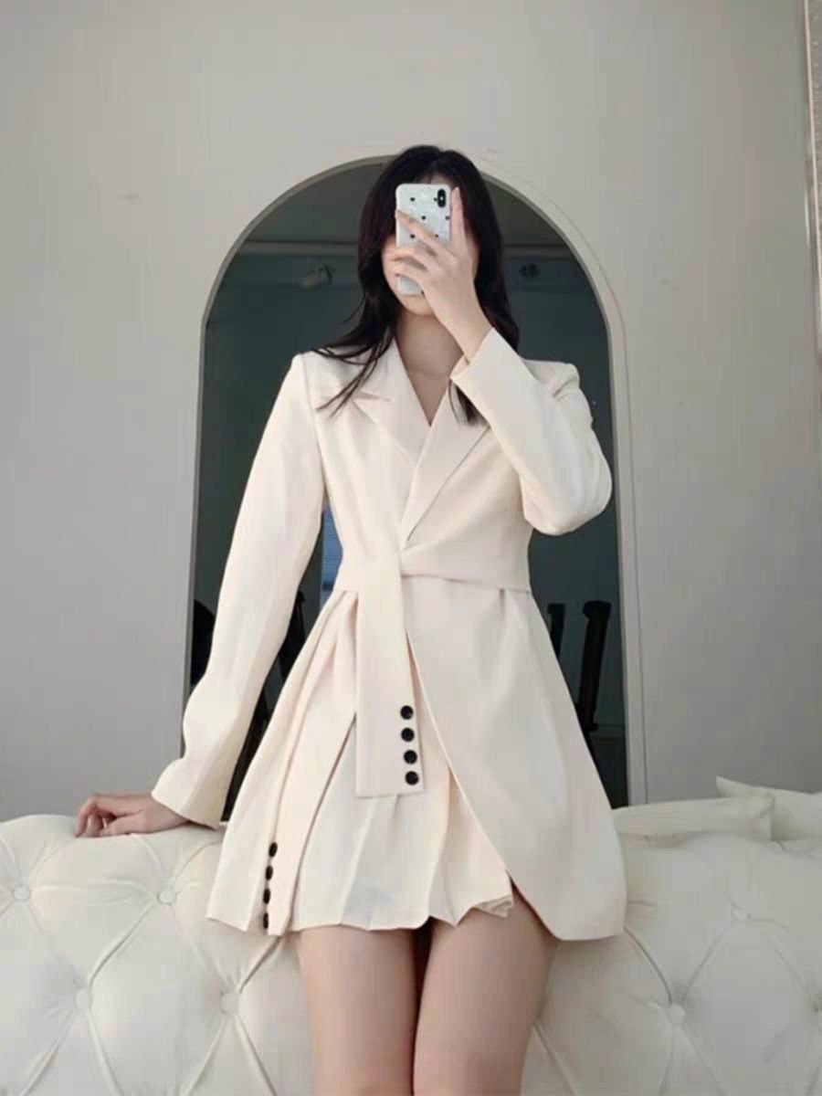 Pleated tie-waist blazer dress