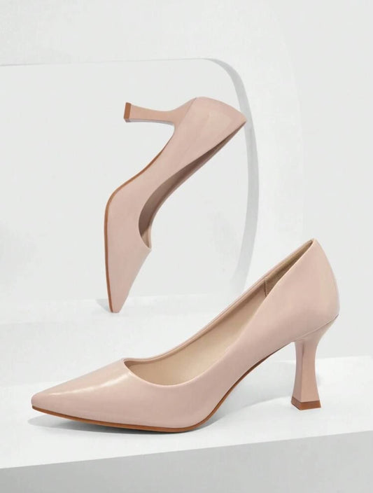 Beige elegant pointed toe pyramid heeled pumps