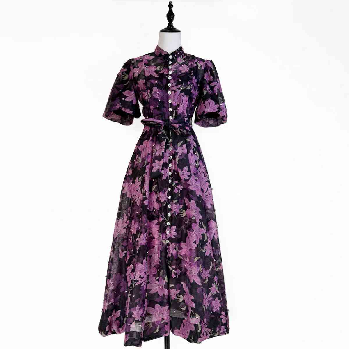 Purple floral A-line maxi dress