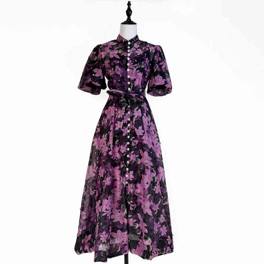 Purple floral A-line maxi dress