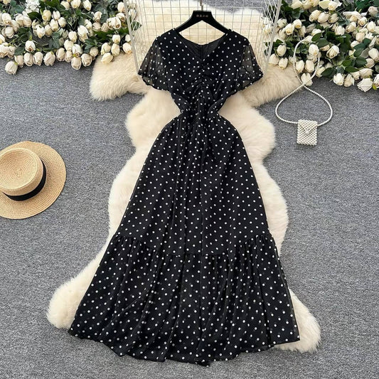 Black chiffon polka dot midi dress
