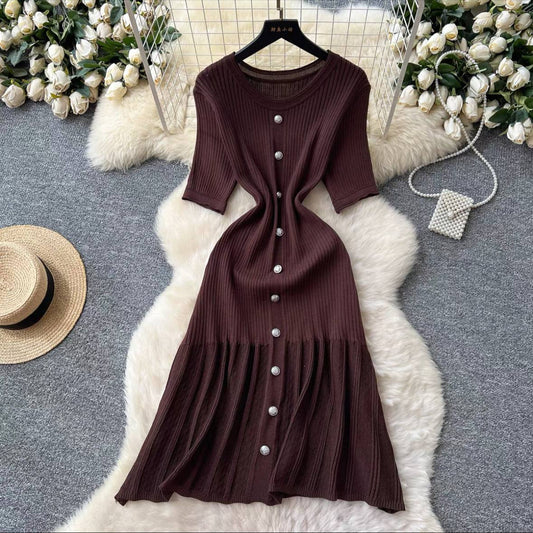 Brown ribbed button down kint midi dress