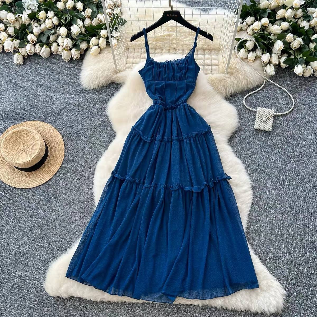 Dark blue mesh tiered cami maxi dress