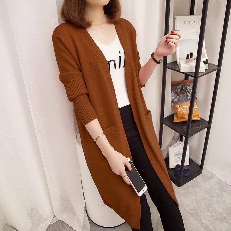 Korean-style loose long knit cardigan