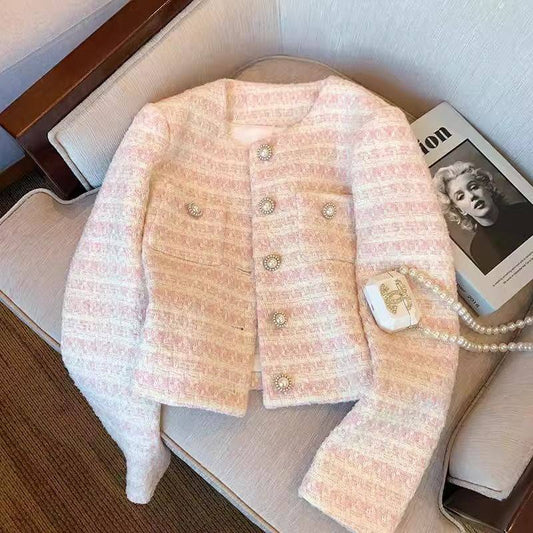Cropped pink tweed lady jacket