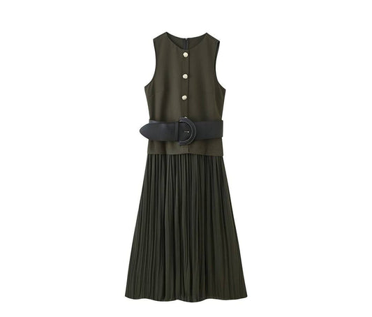Olive green sleeveless pleated midi dress with a belt