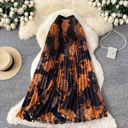 French-style vintage floral pleated maxi skirt