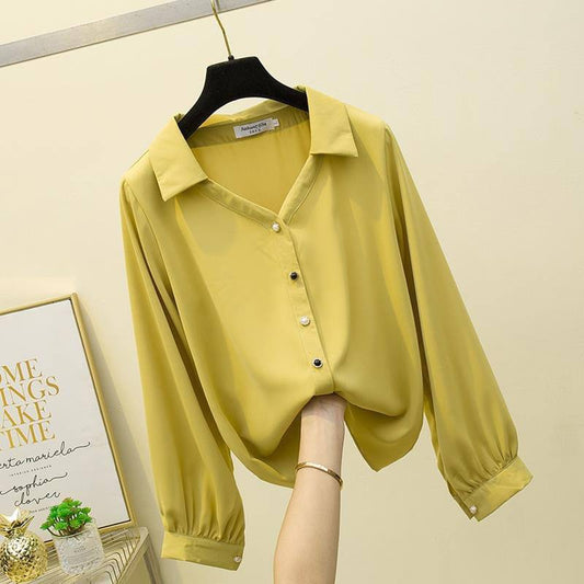 Yellow chiffon button-down blouse