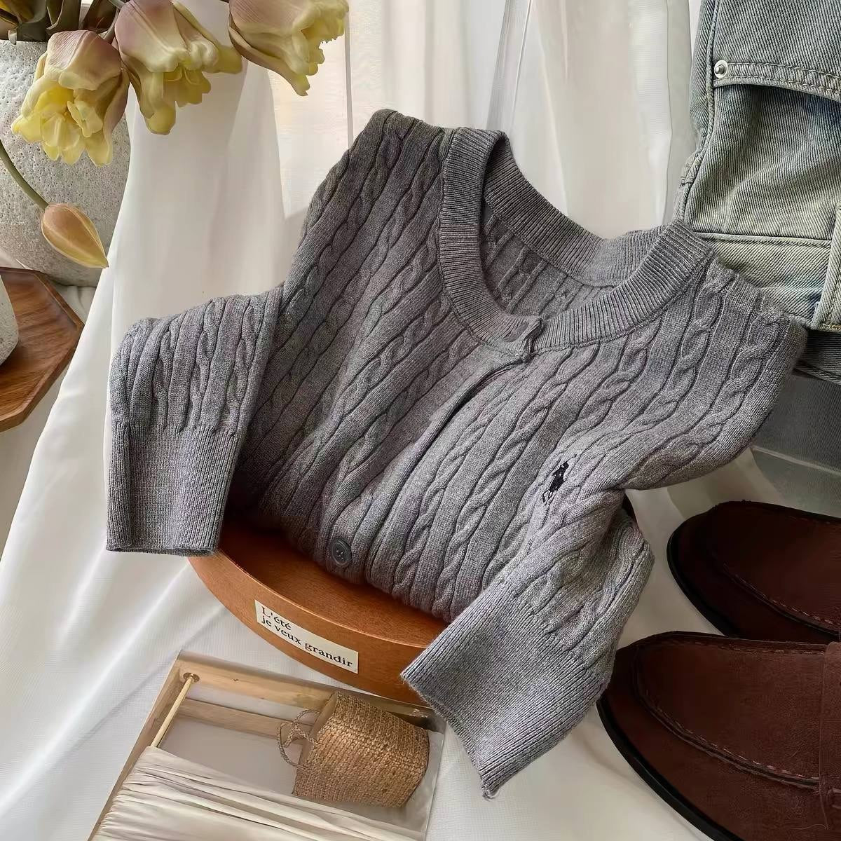 Polo Ralph Lauren grey cable knit crewneck cardigan