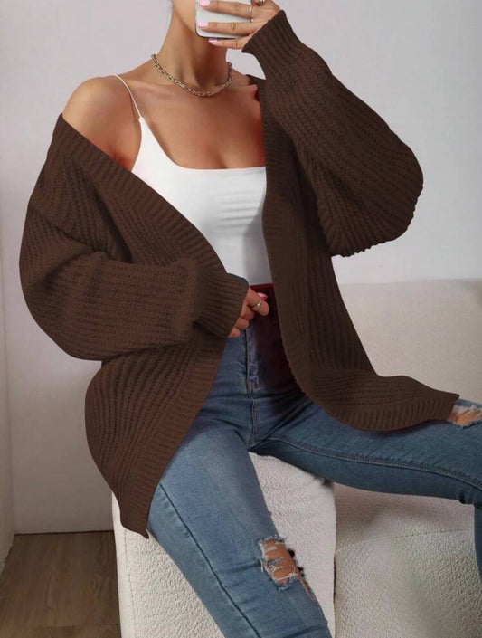 Dark brown ribbed-knit cardigan