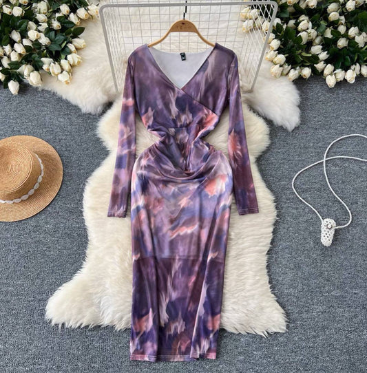 Purple tie-dye long sleeve midi bodycon dress