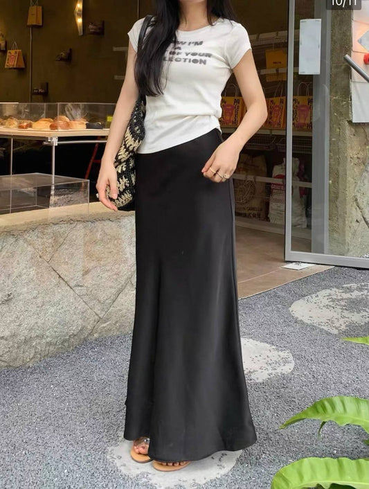 Black satin pleated skirt