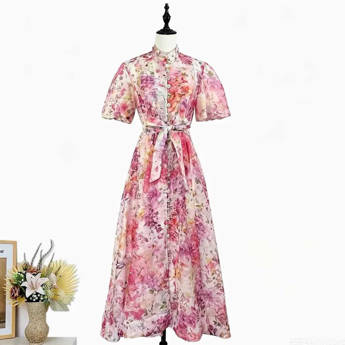 Pink watercolor floral maxi shirt dress