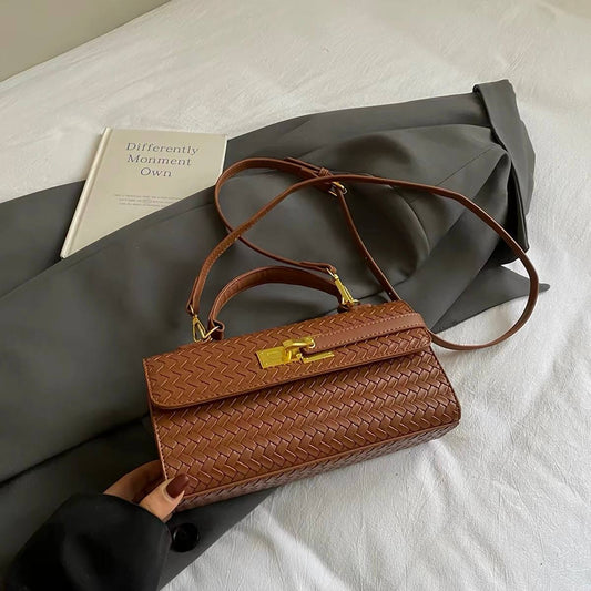 Brown woven synthetic leather handbag