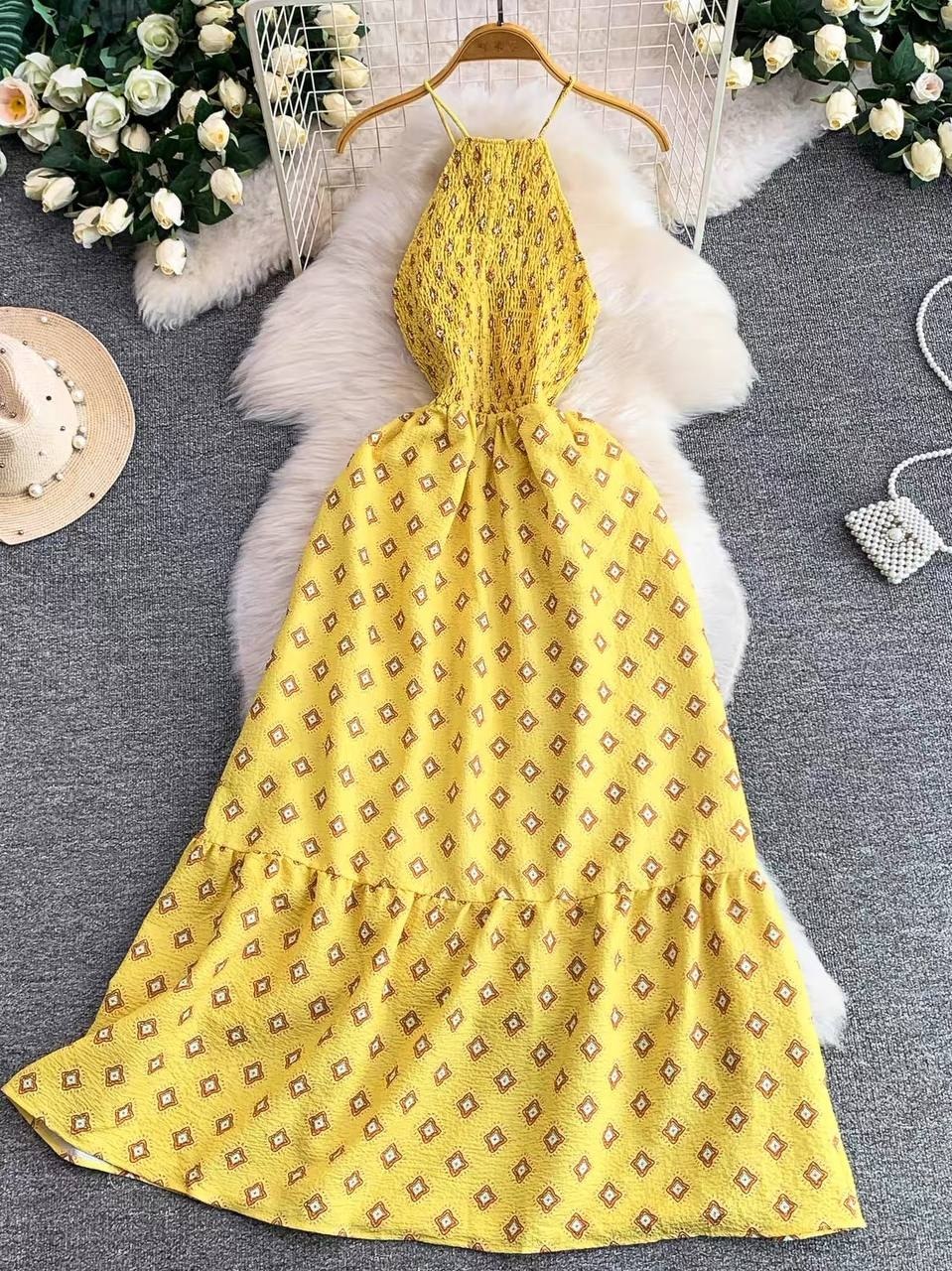Yellow geometric-print halter midi/maxi dress