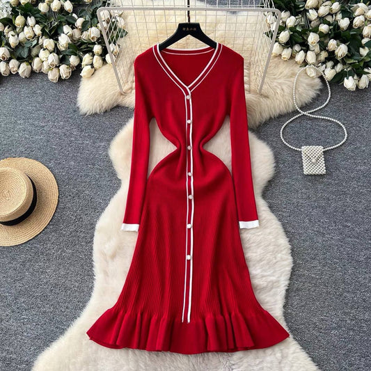 French-style ribbed knit midi dress
