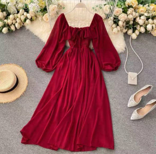 Women's Summer Long Puff Sleeves Chiffon Smocked Square Neck Midi Dress