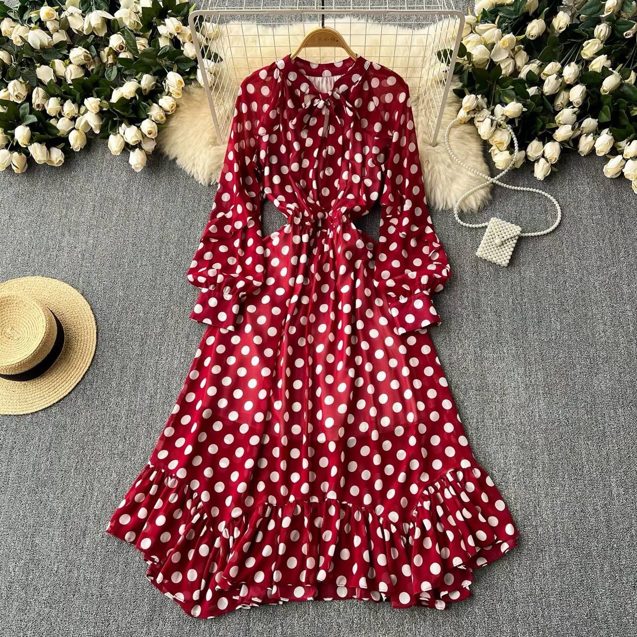 French vintage-style red and white polka dot chiffon midi dress