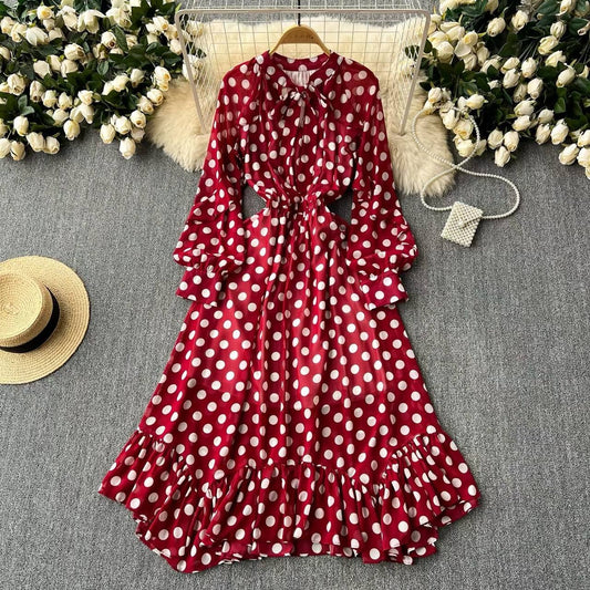 French vintage-style red and white polka dot chiffon midi dress