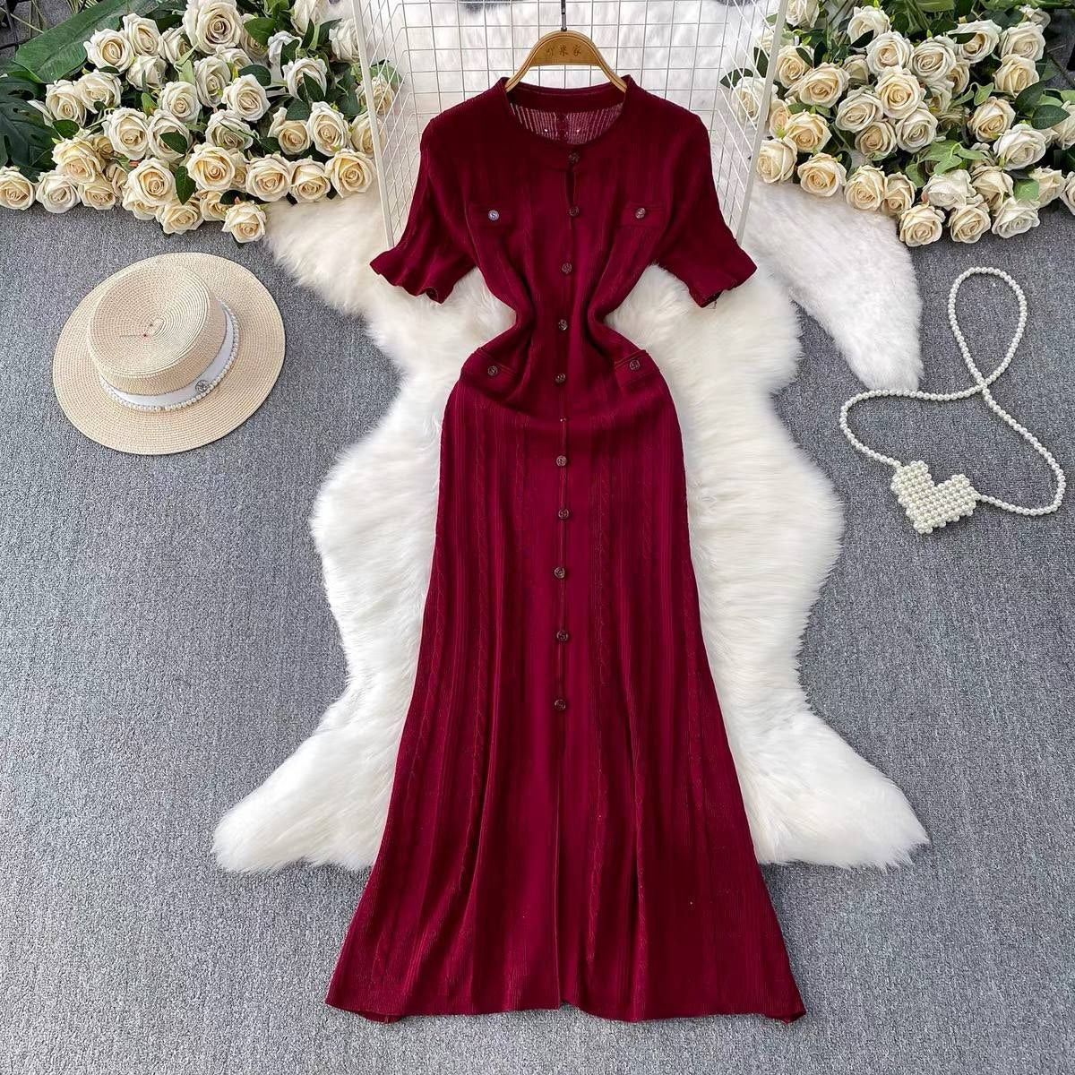 Burgundy short sleeve knit maxi dress
