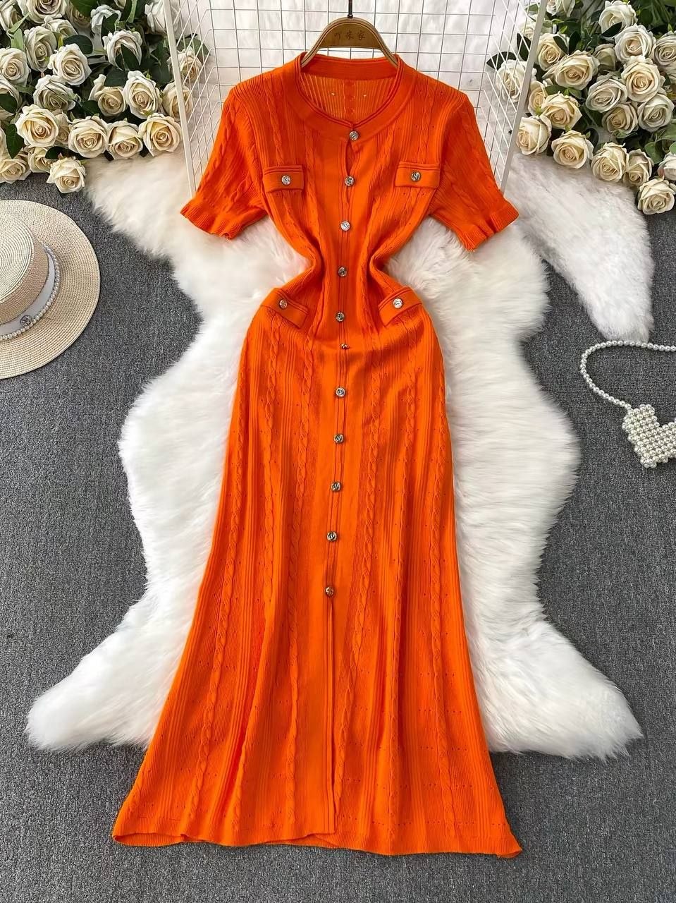Orange ribbed knit maxi dress