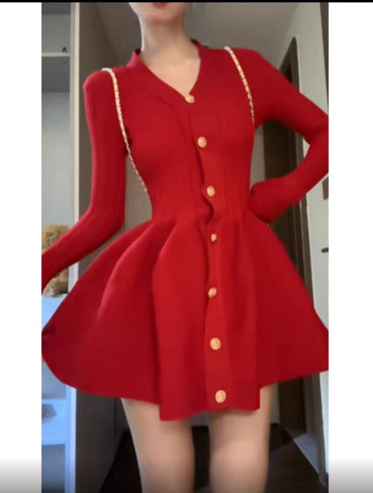 Red knitted fit and flare mini dress