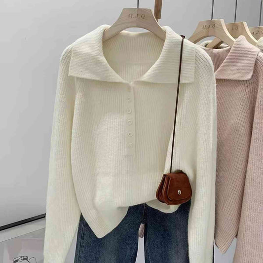 Women's ivory ribbed-knit polo sweater