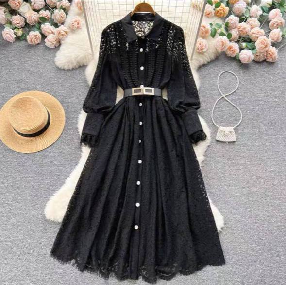 Elegant Lace Floral Hollow-Out Midi Dress