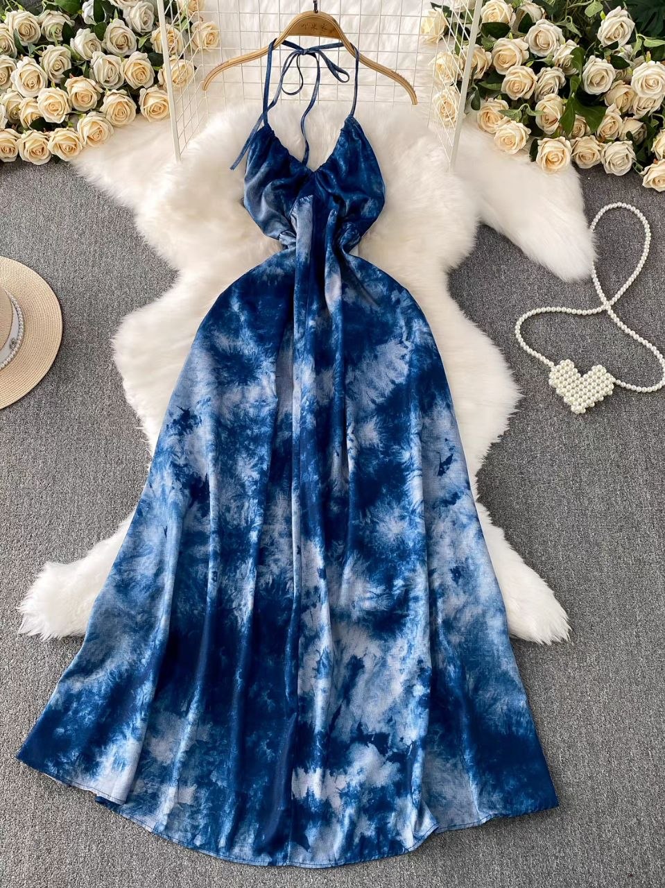 Tie-dye halter maxi dress