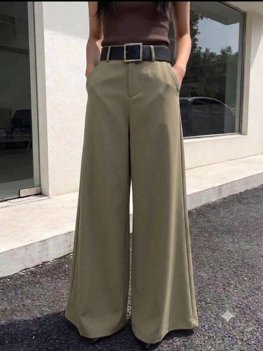 High-waisted, wide-leg tailored trousers in olive green