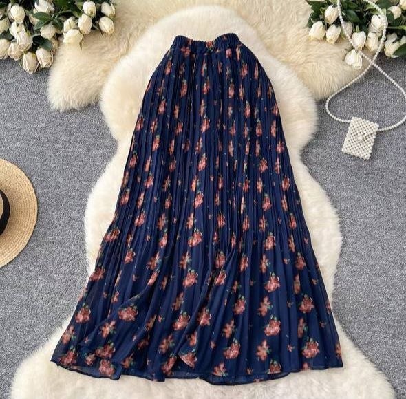 Navy blue floral print pleated maxi skirt
